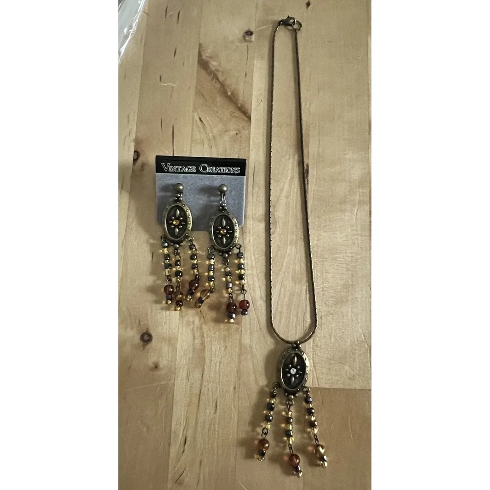 Boho Beaded Tassel Antique Gold Medallion Necklace Black Amber Earrings Set
